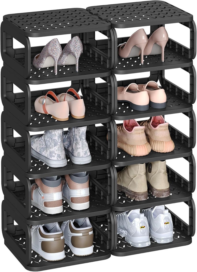 SONGMICS 2-Tier Shoe Rack Organizer - Flexible & Stackable Shoe Storage, Narrow Space-Saving Design for Entryway & Closet, Ink Black - 61 x 84.1 cm - Image 2